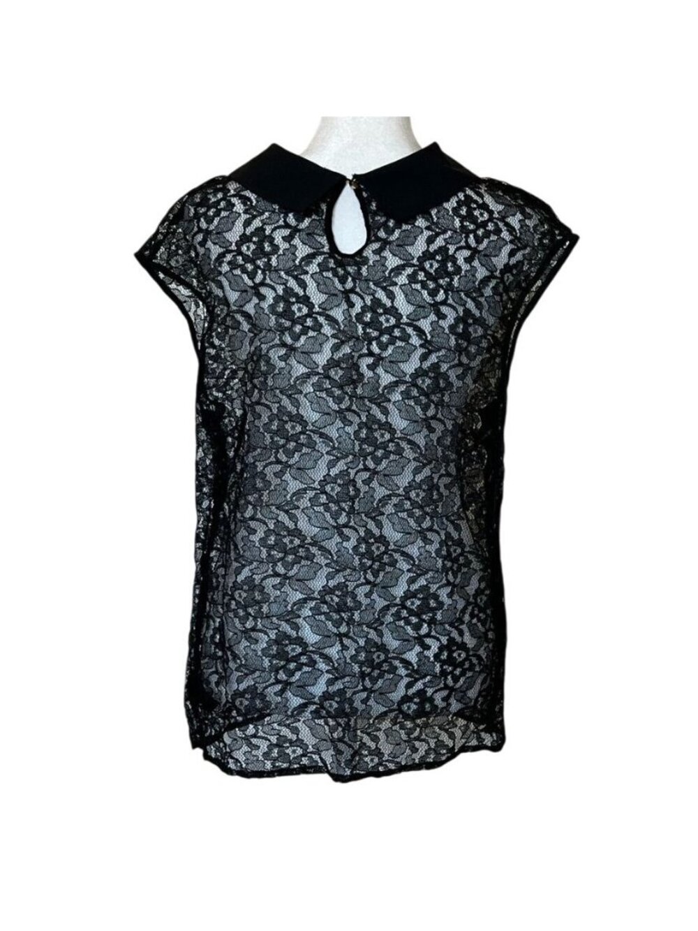 Y2K Womens Sz L Top Black Sheer Lace Peter Pan Collar Whimsigoth Fairy Grunge - Picture 4 of 11